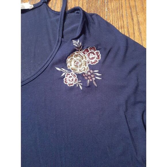 Small Pink Rose Navy Blue Embroidered Flower Cold Shoulder Long Sleeve Top Shirt - Picture 4 of 4